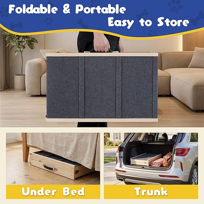 Dog Ramp for Bed & Couch - Extra 51.2" Long Adjustable Height 9.5" to 24" Wooden Non-Slip Pet Ramp, Portable Foldable Doggie Car Ramp for Small Medium Large Dogs, 200 LBS Load