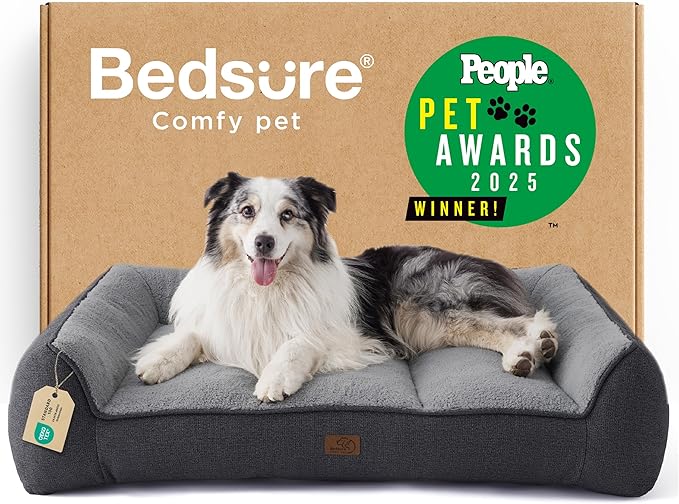 Bedsure SupportMax XL Orthopedic Dog Beds Large Sized Dog - Extra Thick Supportive Dogs Couch with Waterproof Washable Cover, Extra Large Comfort Pet Sofa with Soft Sherpa & Nonskid Bottom, Grey, 42"