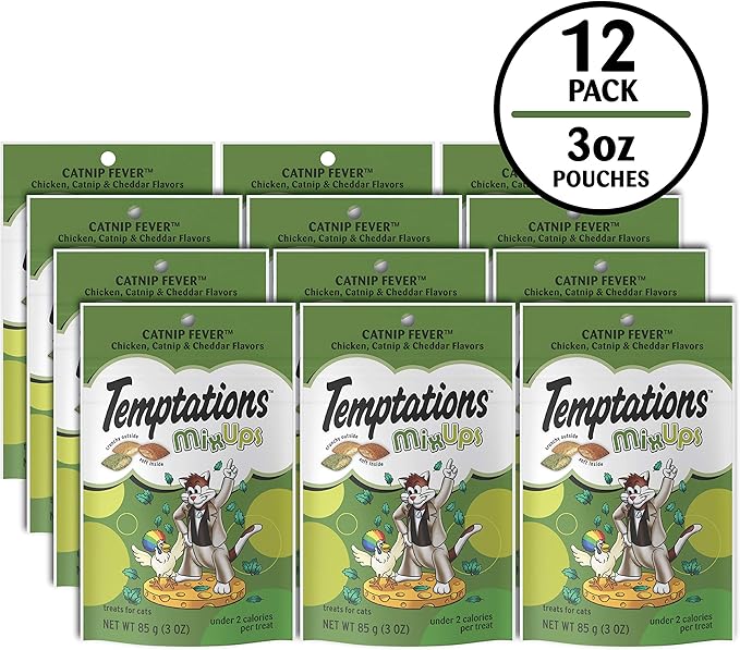 Temptations Cat Treats, Classic Crunchy and Soft Cat Treats, Catnip Fever Flavor, Catnip Treats, 3 oz. Pouch (Pack of 12)