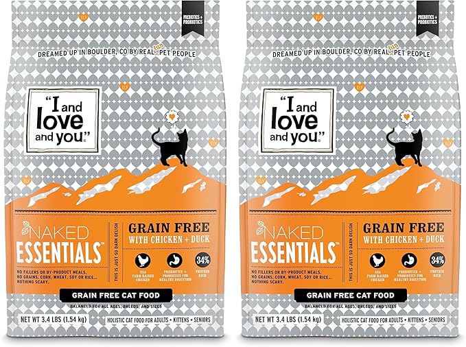 I AND LOVE AND YOU Naked Essentials Dry Cat Food - Chicken + Duck - Grain Free, Real Meat, No Fillers, Prebiotics + Probiotics, 3.4lb Bag (Pack of 2)