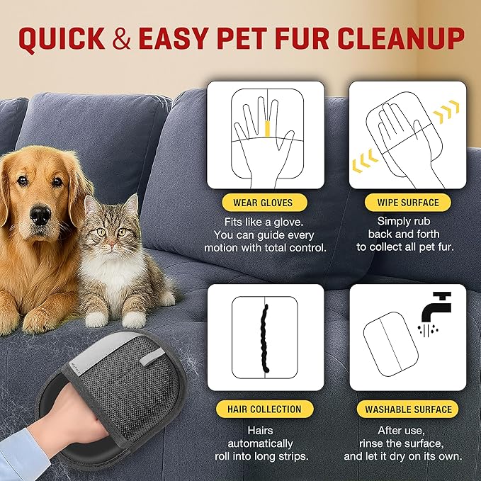 Pet Hair Remover Gloves for Cats & Dogs, Electrostatic Pet Hair Removal Gloves Brush for Pets Hair, Upgraded Animal Fur Removal Tool, Reusable Cats & Dogs Grooming Gloves for Hair Removal (3)