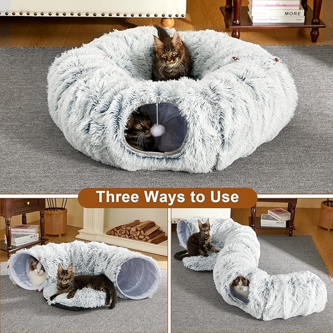 Cat Tunnel,Peekaboo Cat Cave Bed for Indoor Cats Cat Donut Tunnel for Pet Cat House Detachable Round Cat Felt & Washable Interior Cat Play Tunnel (Grey, 32in)