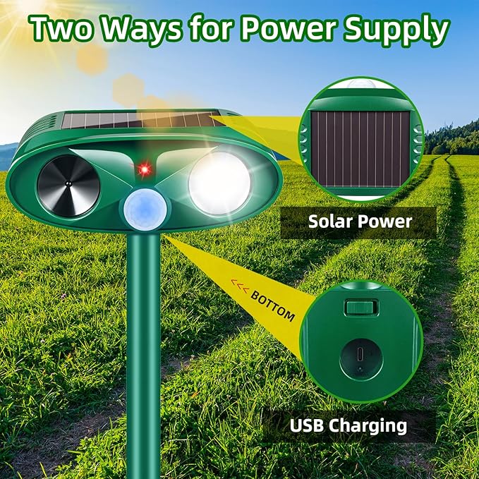2026 New Solar Ultrasonic Animal Repeller Outdoor Deer Repellent Devices with Motion Sensor & Flashing Light,Animal Deterrent Devices for Cat Squirrel Raccoon Dog Rabbit Skunk for Yard Garden,4 Pack