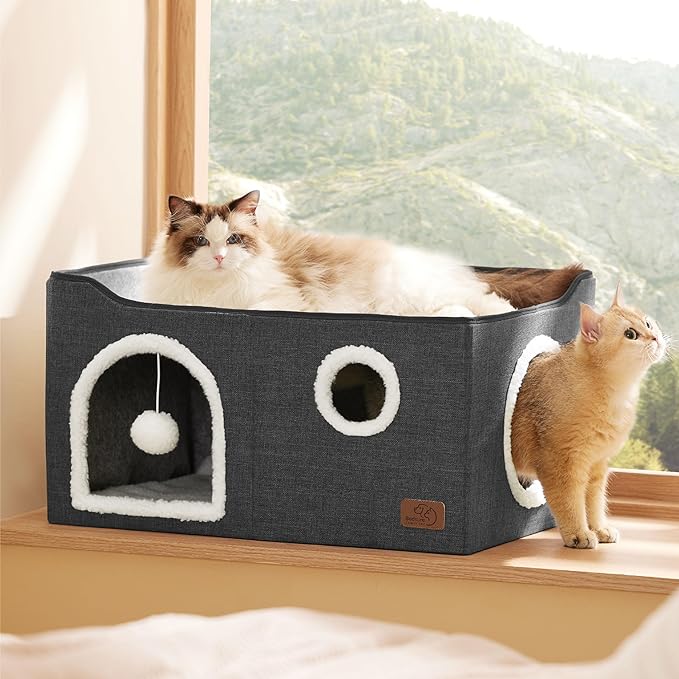 Bedsure Large Cat Beds for Indoor Cats - Extra Wide Cat Cube House for Small Pet with Fluffy Ball Hanging and Scratch Pad, Foldable Pet Cave Hideaway for Multiple Cats, 23.6x16.9x13 inches, Dark Grey