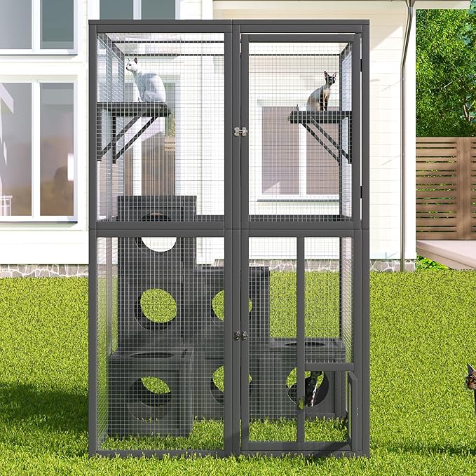 Merax Wooden Catio Indoor Outdoor Cat Enclosure with 7 Removable Boxes, Luxury Cat Cage Condo with Large Enter Door, 2 Platforms, Small House with Locks & Waterproof Roof， Grey