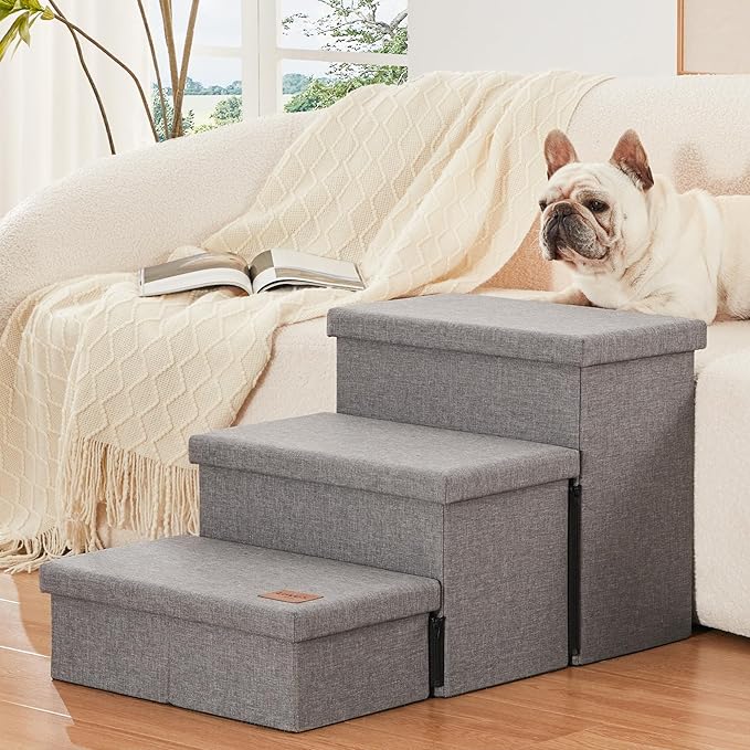 Love's cabin Dog Stairs for High Bed 18" H, Foldable Pet Stairs for Small Medium or Large Dogs Puppy with Storage for Bed or Couch, Cat Dog Steps Ramp with Zip up to 200 lbs, Solid Grey, 3 Steps