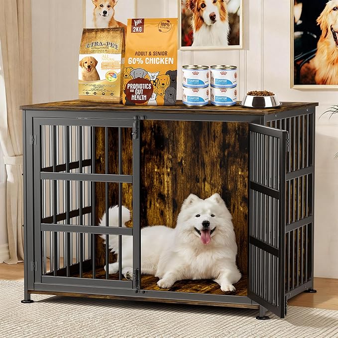 42'' Dog Crate Furniture Large Breed Dog Crate Dog Kennels for Inside Wooden Dog Crates End Table Heavy Duty Indoor Combination Cage for Medium to Large Dogs Walnut