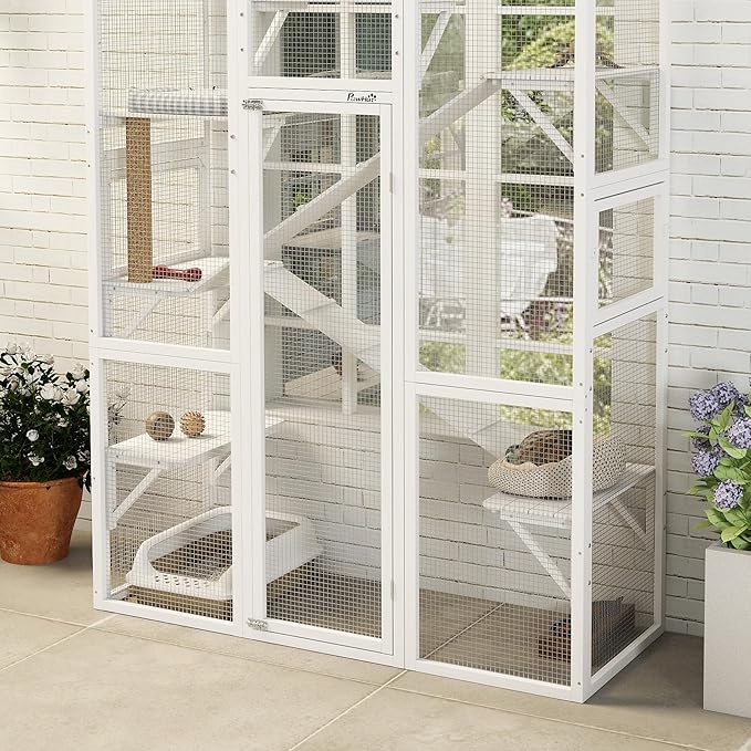 PawHut Outdoor Catio Cat Enclosure, Large Wooden Cat House with 6 Jumping Platforms, Scratching Post, 2 Ramps, Waterproof Roof, Kitty Cage Window Access for 2-3 Kittens, 99" H, White
