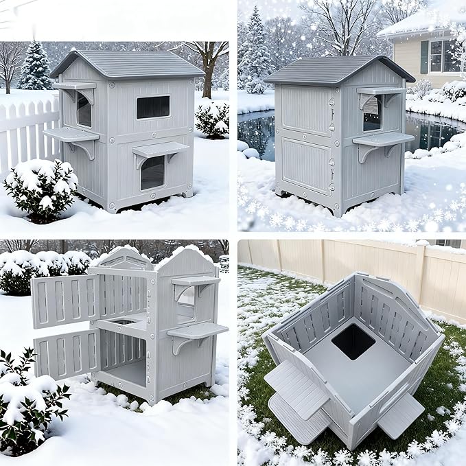 Weatherproof Outdoor Cat House with Insulated Liner for Feral Multi Cats, 2 Storey Insulated Elevated Cat Shelter with Escape Door, Easy Assemble, Expansive Interior‌, Grey 34" D x 21" W x 21.5" H