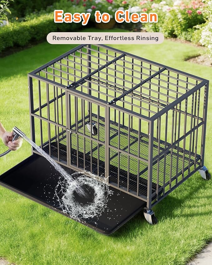 42 inch Heavy Duty Dog Crate with Dual Doors and Lockable Wheels, Large Dog Kennel Indoor, Removable Tray for Easy Cleaning, Dog Cage for Medium to Large Breeds and Anxious Dogs