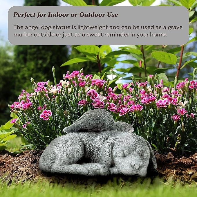 Pure Garden Sculpture Pet Memorial Statue, Sleeping Angel Dog, Stone Finish