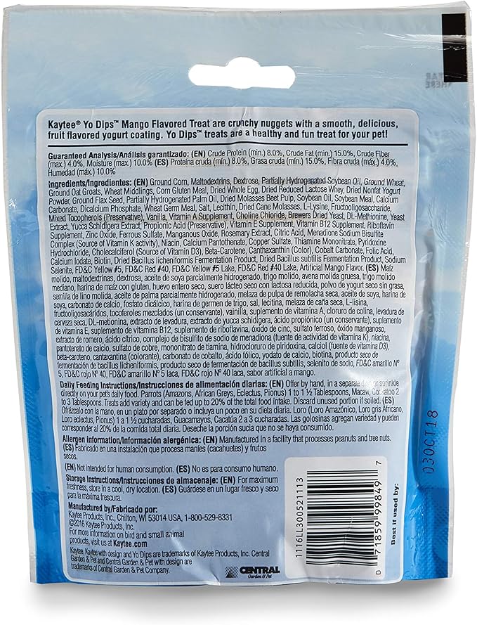Kaytee Yo Dips Mango Flavored Yogurt Dipped Treat for Pet Parrots, 3.5 oz (Pack of 2)