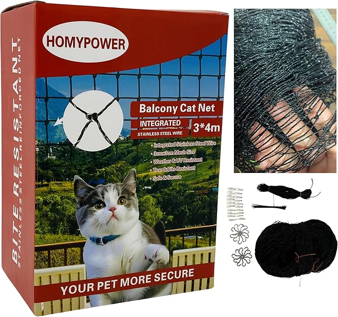 Cat Netting Balcony, 10x13 ft Stainless Steel Reinforced Bite Tear UV and Weather-Resistant Anti-Fall Netting for Pets, Safety Net for Cat, Small Catio for Apartment Balcony Protection