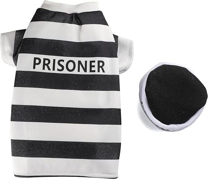 Halloween Fancy Prisoners Dogs Cats Warm Costumes with Hat for Teddy, Pug, Chihuahua, Shih Tzu, Yorkshire Terriers, Papillon D-Black/White S