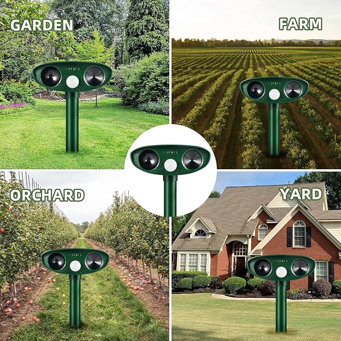 2026 Upgraded Solar Ultrasonic Animal Repellent Outdoor Cat Deer Repellent Devices with Motion Sensor,IP65 Waterproof Repeller Keep Opossum Skunk Rodent Squirrel Raccoon Out of Yard Farm,4 Pack