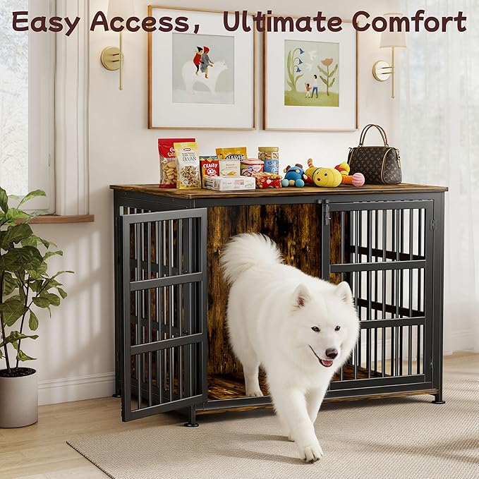 42'' Dog Crate Furniture Large Breed Dog Crate Dog Kennels for Inside Wooden Dog Crates End Table Heavy Duty Indoor Combination Cage for Medium to Large Dogs Walnut