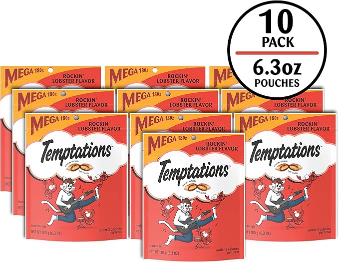 Temptations Classic Cat Treats, Rockin' Lobster Flavor, Crunchy and Soft Cat Treats 6.3 oz. Pouch (Pack of 10)