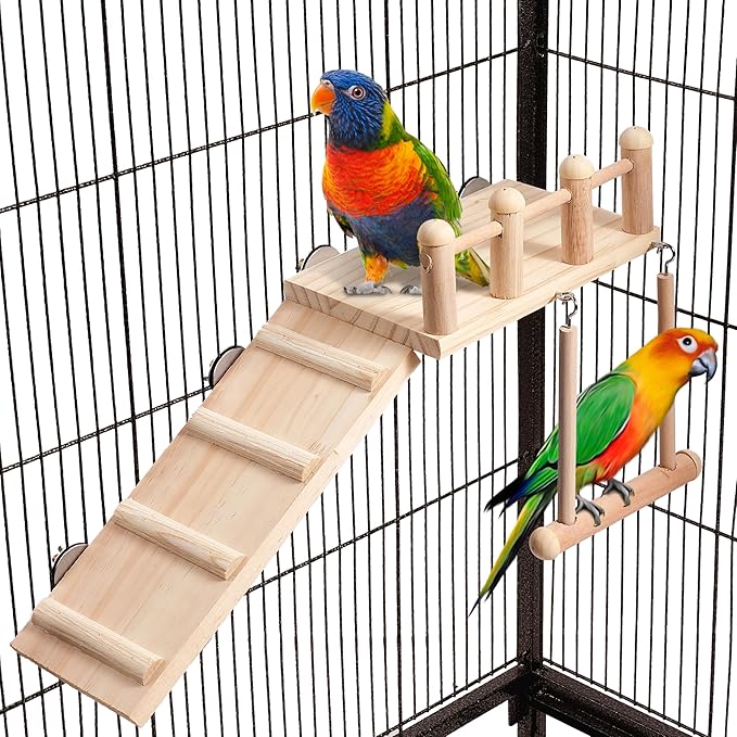 8Pcs Bird Parakeet Toys Bird Perches Platform with Climbing Ladder Colorful Standing Chewing Toy Bird Cage Toys for Budgerigar, Parakeet, Conure, Cockatiel, Mynah, Love Birds, Finches