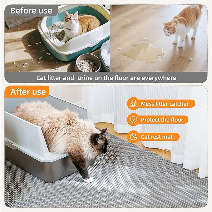 Cat Litter Mat for Litter Box, 30"×21" Large Double Layer Trapping Mat, Easy-Clean Scatter Non-Slip Water Proof Kitty Litter Pad, Grey