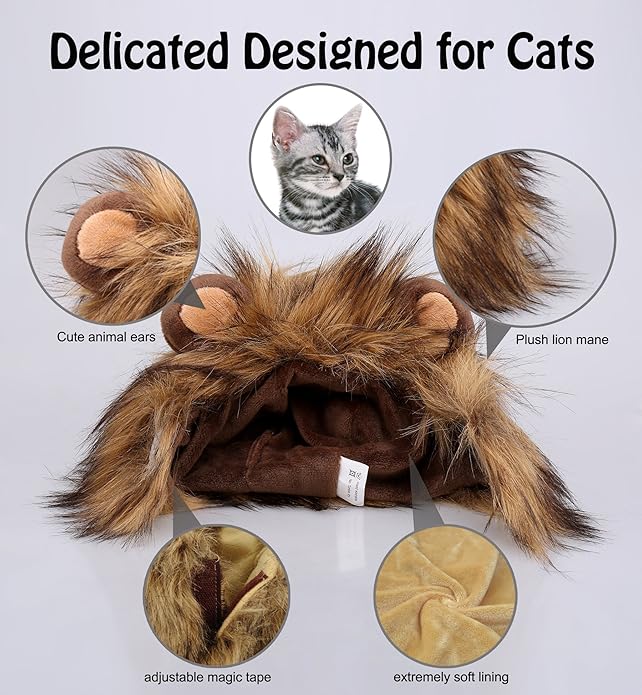 Onmygogo Lion Mane Wig for Cats and Dogs, Funny Pet Cat Costumes for Halloween Christmas, Furry Pet Clothing Accessories