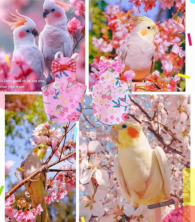 2 Pcs Bird Diapers Bird Harness Flight Suits Diapers with 80in Flying Leash Reusable Parrot Nappy with Waterproof Inner Layer for Cockatiel Budgie Conure Parakeet Lovebird-Pink&White