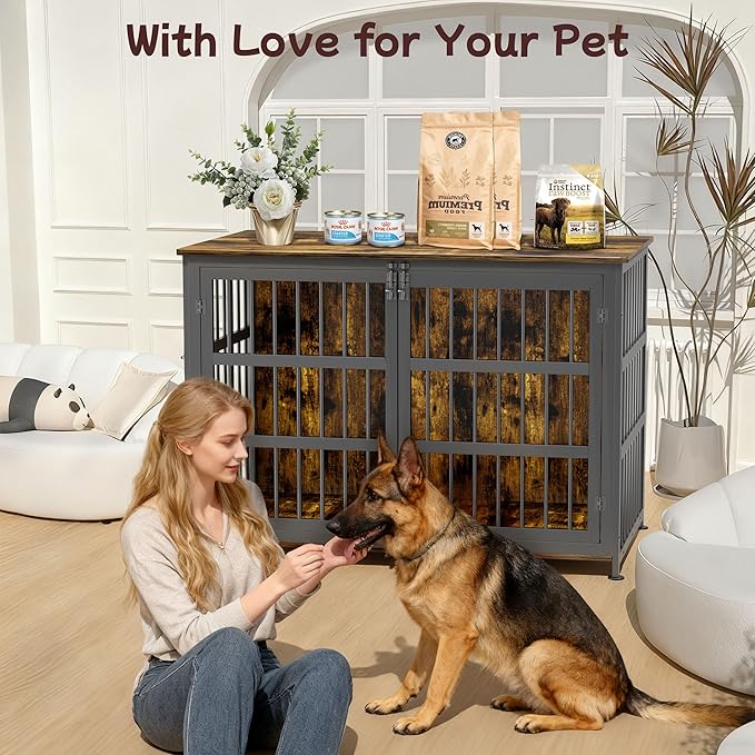 46'' Dog Crate Furniture Large Breed Dog Crate Dog Kennels for Inside Wooden Dog Crates End Table Heavy Duty Indoor Combination Cage for Medium to Large Dogs Walnut