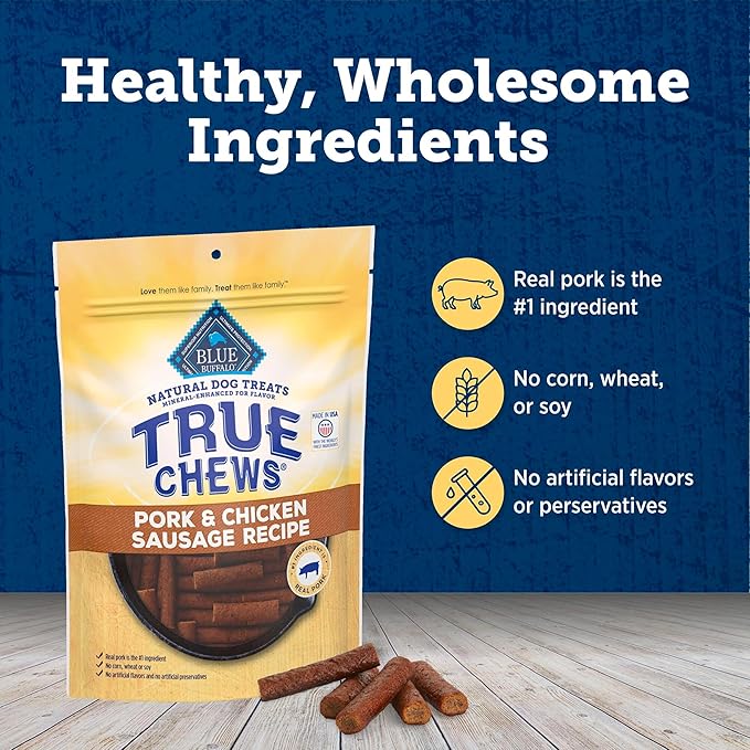 Blue Buffalo True Chews Dog Treats, Made in The USA with Natural Ingredients, Pork and Chicken Sausage Recipe, 14-oz Bag