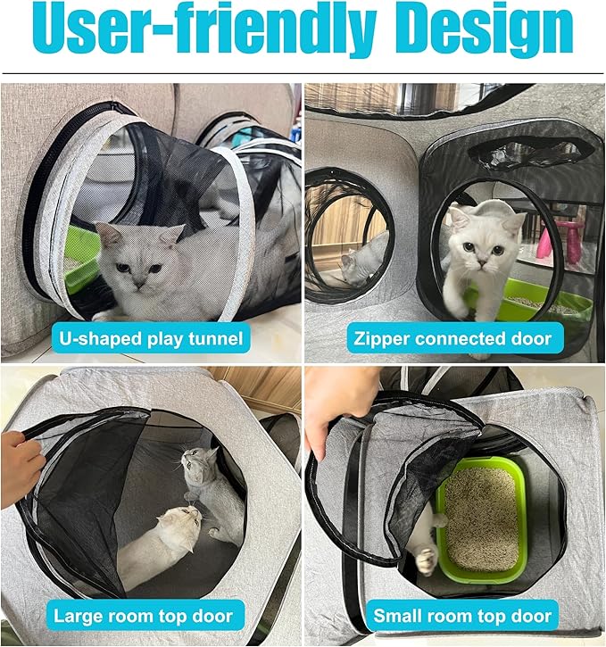 Portable Cat Playpen 2-Room with Tunnel, 3-in-1 Pop-up Cat Dog Crate Play Enclosure with Separate Areas, Foldable Pet Playpen for Puppy Kitten and Small Animals Indoor Outdoor