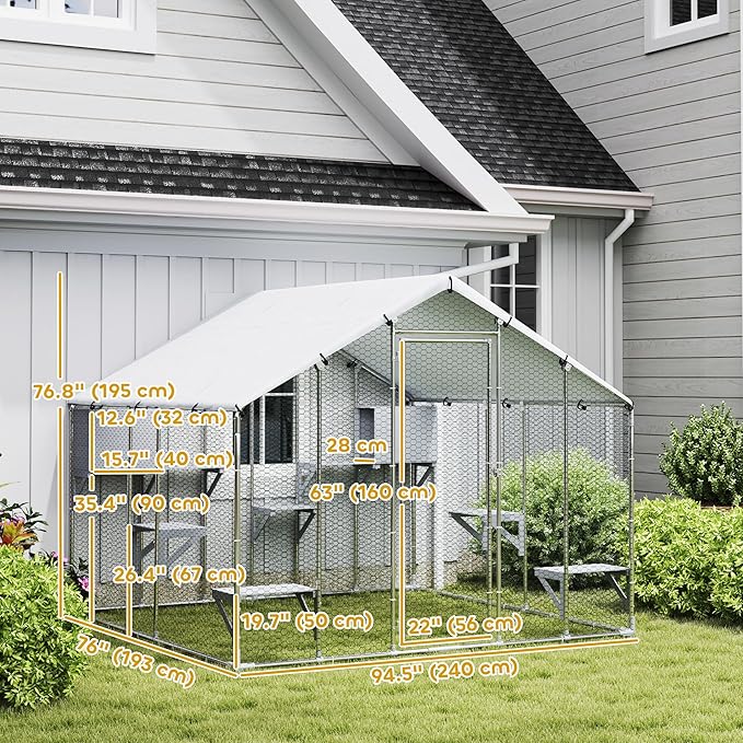 PawHut Catio Outdoor Cat Enclosure, 94.5" Extra Large Walk-in Cat House with Waterproof Cover, 2 Resting Boxes, 7 Jumping Platforms, Chicken Run Coop, Rabbit Hutch, Feral Cat Shelter Pointed Roof