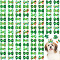 Tondiamo 100 Pack St. Patrick's Day Dog Hair Bows with Rubber Bands St. Patrick's Day Puppy Bows Rhinestone Pet Hair Accessories Dog Bows Grooming for Small Girl Dogs (Shamrock Pattern)