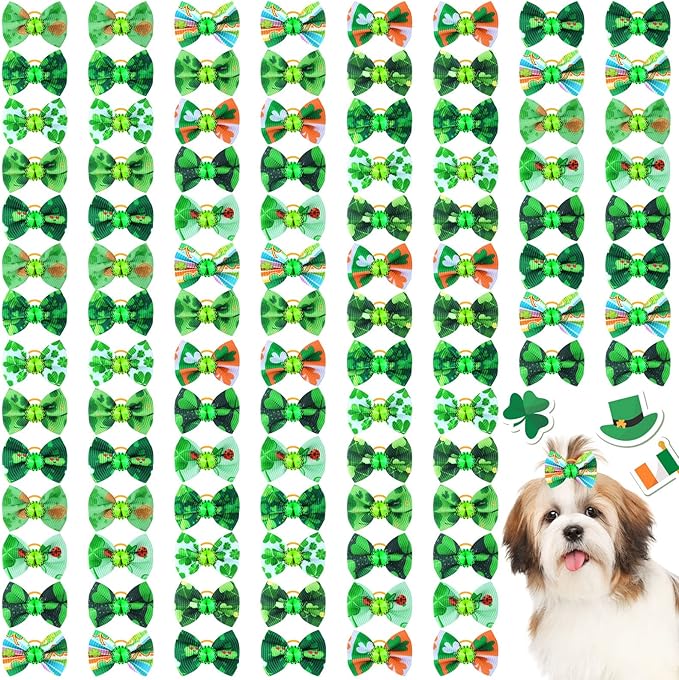 Tondiamo 100 Pack St. Patrick's Day Dog Hair Bows with Rubber Bands St. Patrick's Day Puppy Bows Rhinestone Pet Hair Accessories Dog Bows Grooming for Small Girl Dogs (Shamrock Pattern)