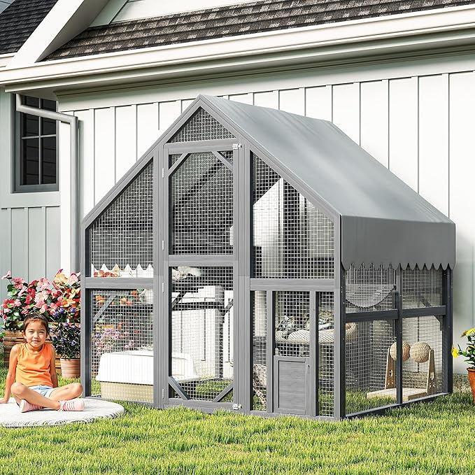 KEIKI 74" Large Outdoor Cat Enclosure for Multiple Cats, Weatherproof Wooden Catio with Platforms, Resting Boxes, Bridges and Canopy, Outdoor Cat House Cat Cage Outdoor, Gray