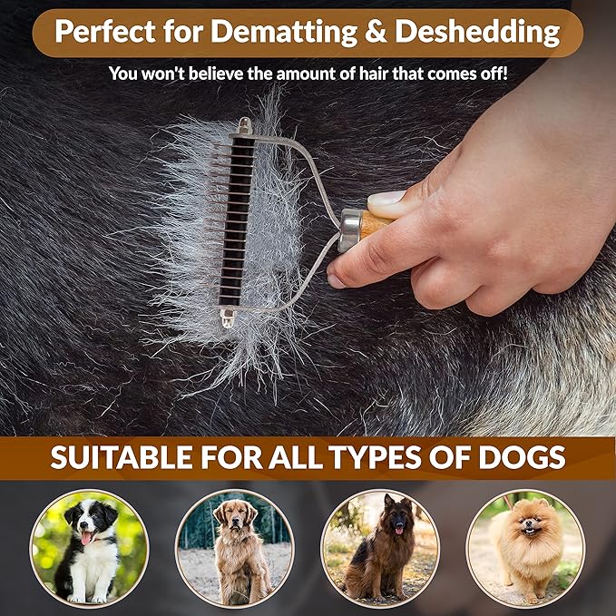 Pet Dematting Comb for Dogs and Cats with Wood Handle, Deshedding Undercoat Rake with Stainless Steel Blades, Pet Comb for Detangling Thinning and Shedding, All Hair Types [We Love Doodles]