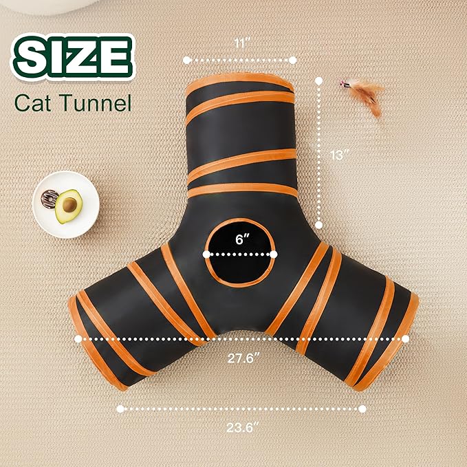 Love’s Cabin Cat Tunnel for Indoor Cats, 3-Way Collapsible Play Tunnel with Teaser Wand, Peek Holes & Toy Ball, Small Pet Toy for Kittens & Rabbits, Black & Orange, Small Size