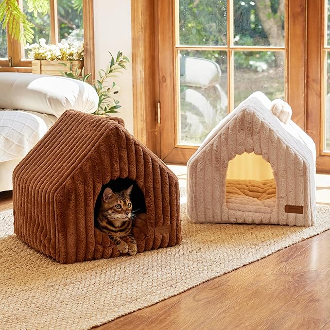 FUKUMARU Cat Houses for Indoor Cats, Washable Cute Cat Bed Cave with Removable Pillow, Large Semi-Enclosed Cozy Dog House Indoor, Soft Faux Rabbit Fur Kitten Bed, 17.5-Inch Durable Cat Hideaway, Brown
