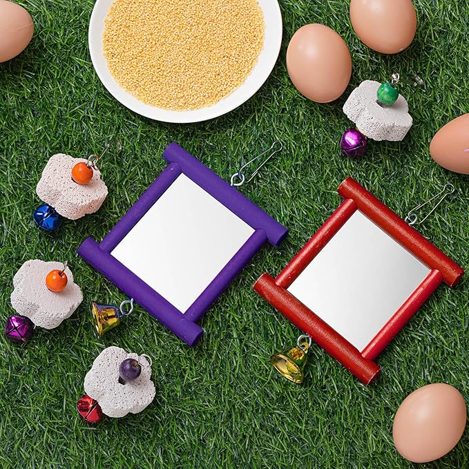 Sumind 2 Pieces Chicken Mirror Toys Hanging Swing Mirror with Bell Wooden Pecking Toy and 4 Pieces Beak Grinding Molar Stones for Hens Birds Parrots(Red,Purple)