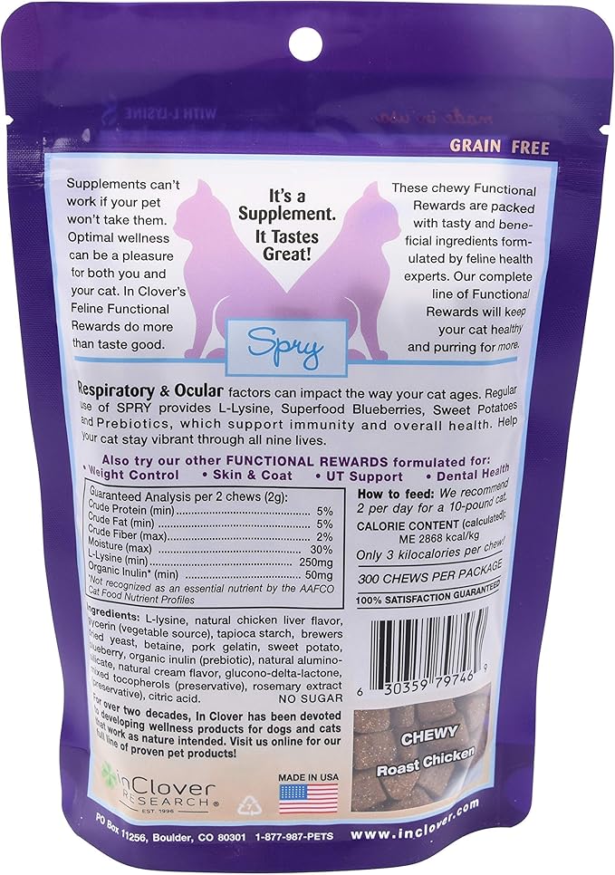 Clover Spry Cat Eye Care Support with L-Lysine, Immune & Respiratory Health Supplement, Prebiotic Antioxidant Daily Treat for Cats