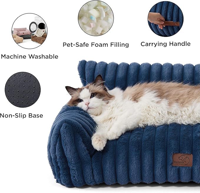 Bedsure ComfyFleece™ Cute Cat Couch for Pets - As Seen on TV on Good Day New York, Small Medium Dog Bed, Supportive Couch Bed for Small Dogs, 30 Inch, Night Blue