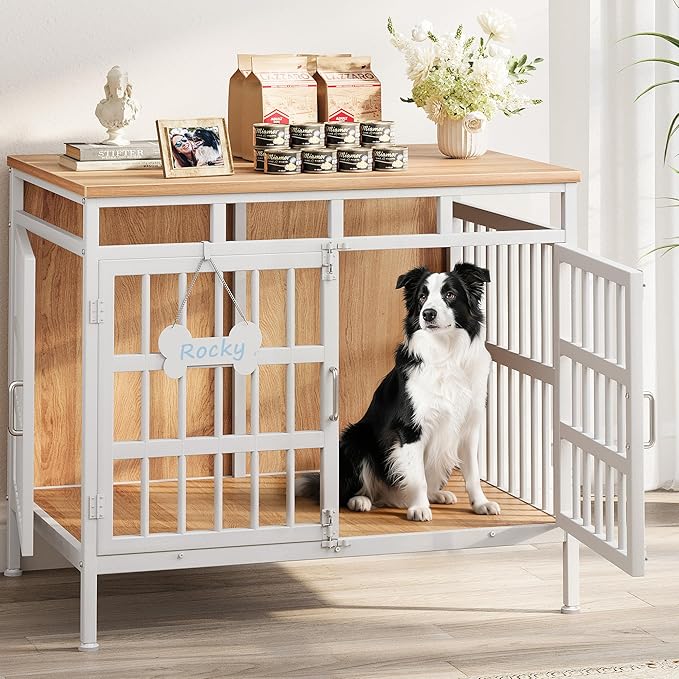 Large Dog Crate Furniture, Wooden Dog Kennel Furniture for Medium Large Dogs, Double-Doors Sturdy Metal Dog Cage for Anxiety Dog, Anti Escape Wooden Cage with Name Tag End Table, TV Stand Beige