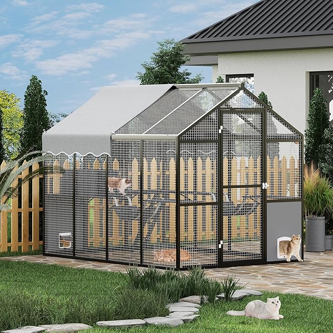 Large Outdoor Cat Enclosure for Multiple Cats - Weatherproof Catio with UV Cover, Platform & Side Door
