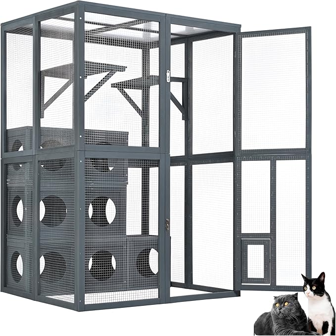 Merax Wooden Catio Indoor Outdoor Cat Enclosure with 7 Removable Boxes, Luxury Cat Cage Condo with Large Enter Door, 2 Platforms, Small House with Locks & Waterproof Roof， Grey