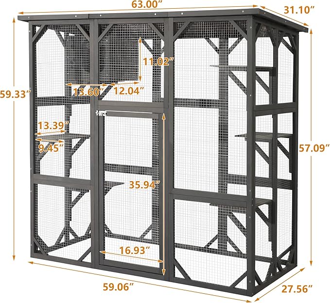 Grepatio Cat Enclosure Large Outdoor Catio Wooden Cat House with Weatherproof, Cat Cage Condo Indoor Playpen with Platform and Small House (Grey)