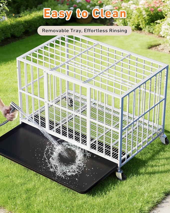 White 48 Inch Heavy Duty Dog Crate with Double Doors and Lockable Wheels, Large Dog Kennel Indoor, Removable Tray for Easy Cleaning, Dog Cage for Medium to Large Breeds and High Anxious Dogs