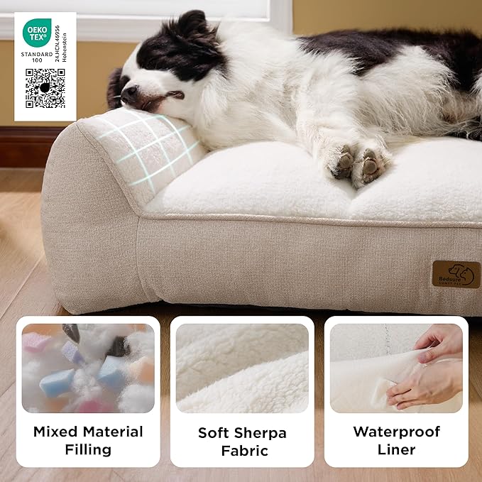 Bedsure SupportMax™ Orthopedic Dog Bed Medium Size Dog - Extra Thick Supportive Medium Dogs Beds with Waterproof Washable Cover, Comfort Pet Bed Sofa with Soft Sherpa and Nonskid Bottom, Beige, 35"