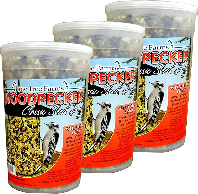 Pine Tree Farms Woodpecker Classic Wild Bird Seed Log, Gourmet Bird Food with Almonds, Peanuts, Sunflower Hearts, Black Oil Sunflower Seeds & More, 36 oz. (Pack of 3)