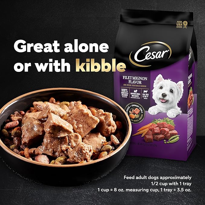 Cesar Loaf in Sauce Wet Dog Food Rotisserie Chicken, Filet Mignon, Angus Beef, and Ham & Egg Flavors Variety Pack, 3.5 oz. Easy Peel Trays (24 Count, Pack of 1)