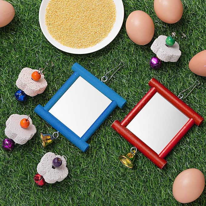 Sumind 2 Pieces Chicken Mirror Toys Hanging Swing Mirror with Bell Wooden Pecking Toy and 4 Pieces Beak Grinding Molar Stones for Hens Birds Parrots (Red,Blue)