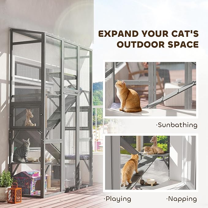 PawHut Outdoor Catio Cat Enclosure, Large Wooden Cat House with 6 Jumping Platforms, Scratching Post, 2 Ramps, Waterproof Roof, Cat Cage Window Access for 2-3 Kittens, 99" H, Gray