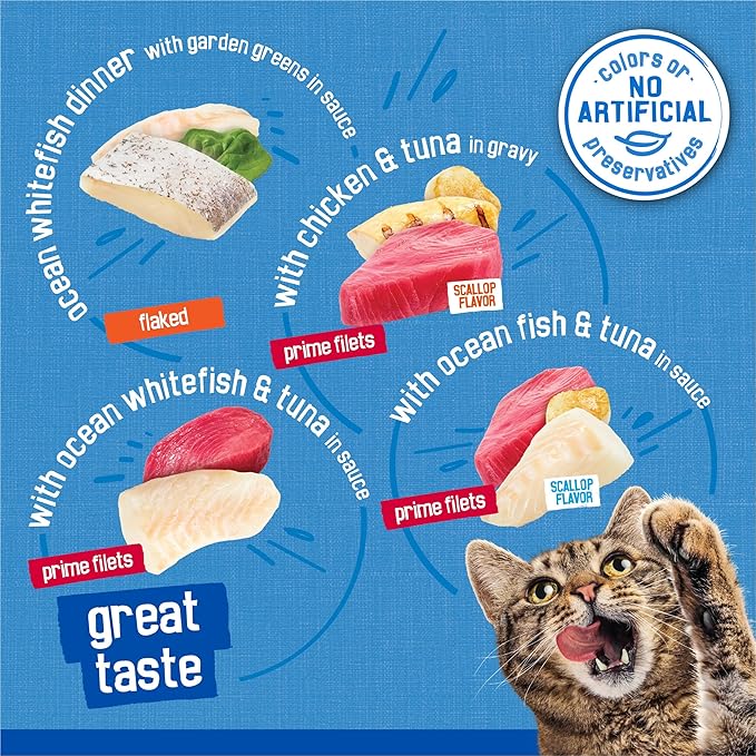 Purina Friskies Wet Cat Food Variety Pack, Oceans of Delight Flaked and Prime Filets - (Pack of 40) 5.5 oz. Cans