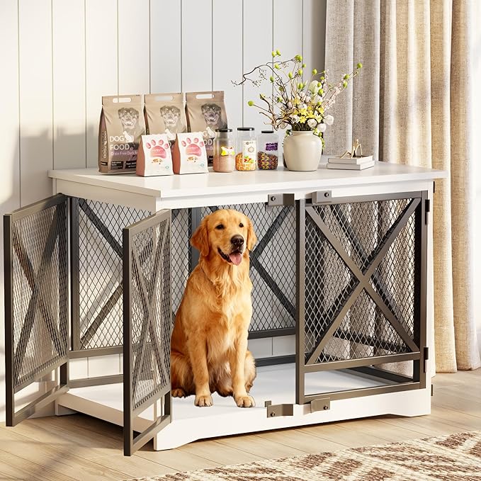 COZPAW Large Dog Crate Furniture - 48 inch Heavy Duty Dog Kennel Indoor for XLarge Breed with Double Doors, Wooden Dog Cage XL Modern Decorative End Table Pet House (White)